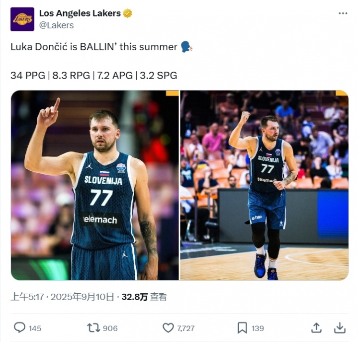 开云体育官网-场均34+8.3+7.2+3.2断！湖人官推晒东契奇欧锦赛数据：77大杀四方